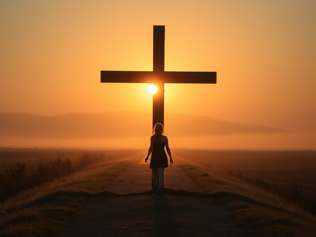 AI-Generated image of a cross at sunrise, a quiet path, and a silhouette of a woman walking with purpose.