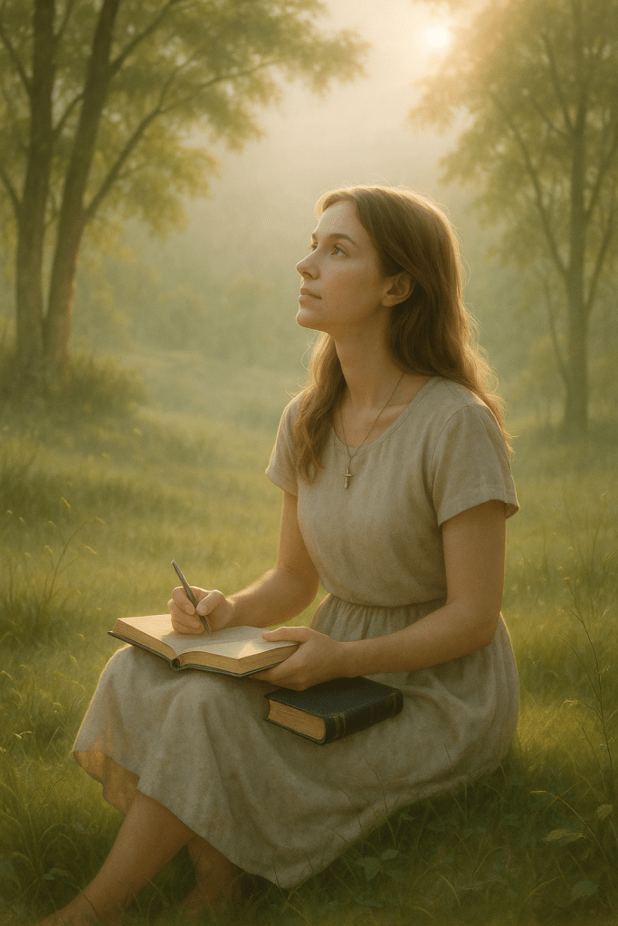 “A woman sitting peacefully in a field at sunrise, journaling with a Bible in her lap, symbolizing spiritual stillness and reflection.”