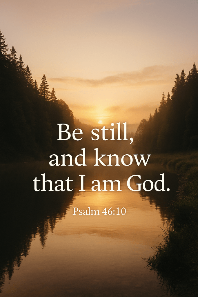 "Sunrise over a calm river with Psalm 46:10 text overlay: 'Be still, and know that I am God.' A peaceful image symbolizing God’s presence in quiet moments."