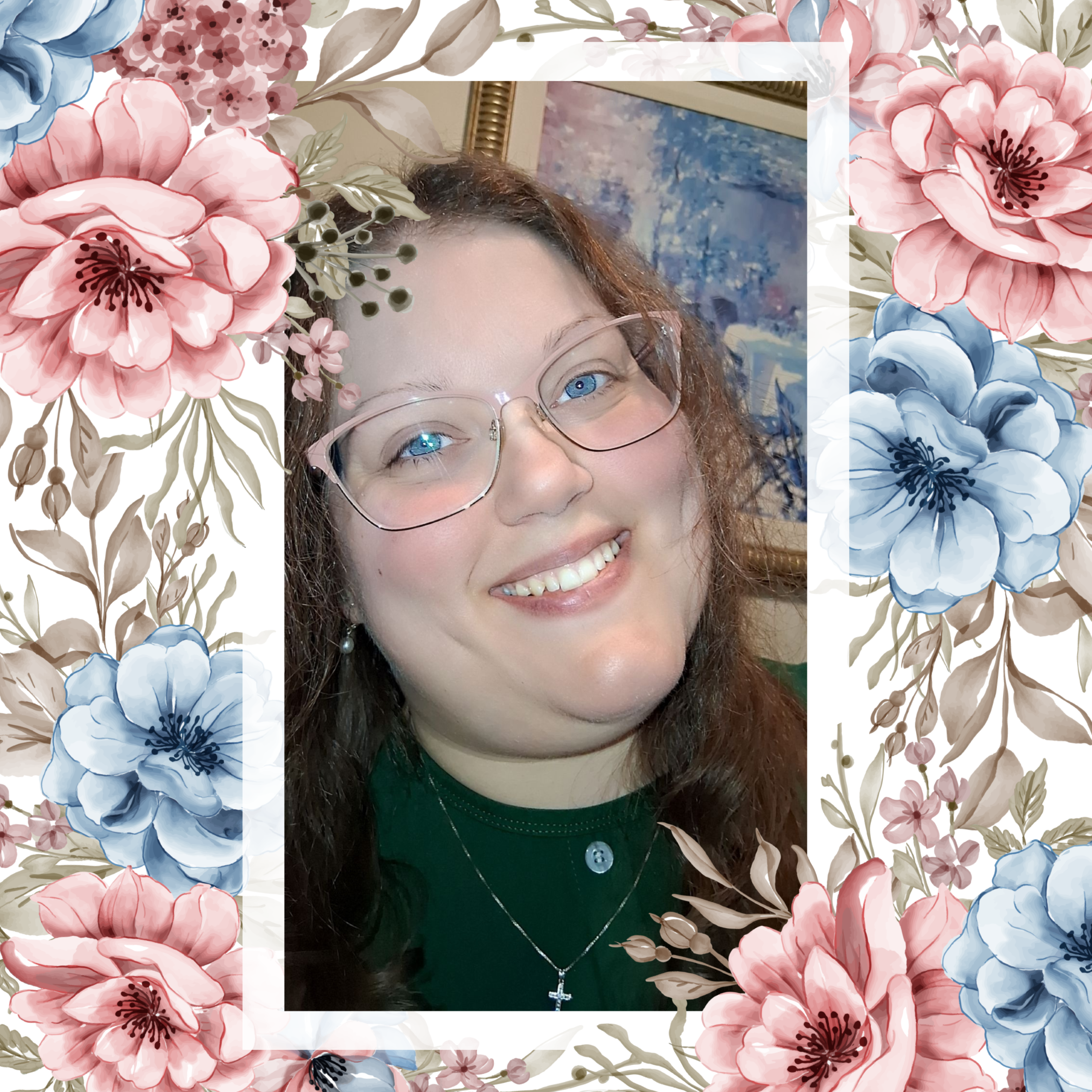 A beautiful photo of Faithful Advantage's creator, Jade Weedmark. The photo is framed with beautiful blue and pink flowers.