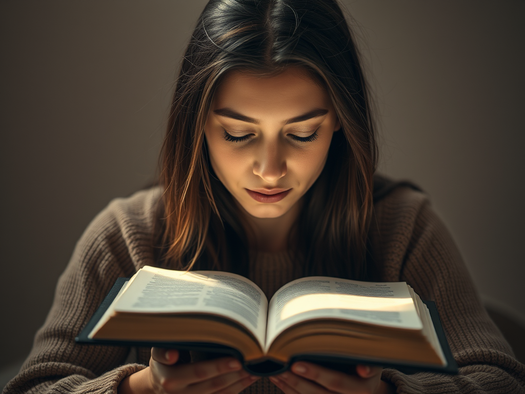 AI-generated image of a young woman reading the Bible with focused attention—reflecting the peace and clarity that comes from hearing God’s voice through His Word.