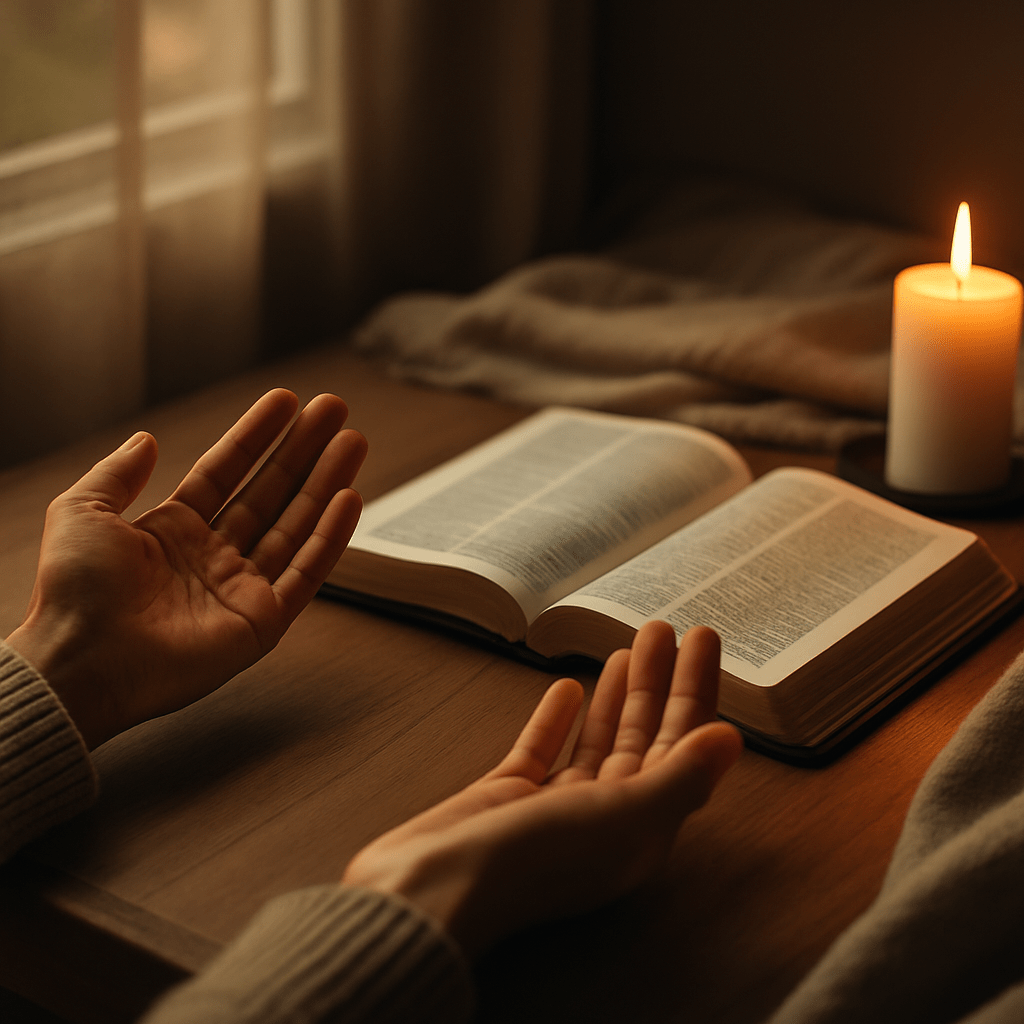 AI-generated image of hands open in surrender beside an open Bible—symbolizing a listening heart that echoes, “Speak, Lord, for Your servant hears.”