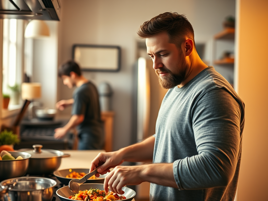 A husband preparing dinner in the foreground while his teenage son takes out the garbage in the background of a warm, modern kitchen.