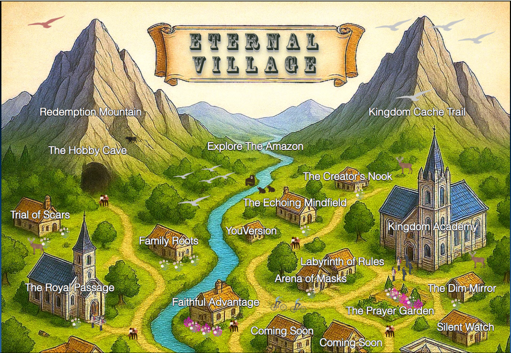 Screenshot of the Kingdom Vault website homepage featuring the Eternal Village map with areas like Redemption Mountain, Hobby Cave, Kingdom Cache Trail, and more
