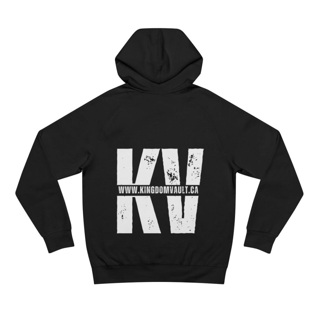 Back of Black Kingdom Vault hoodie featuring "KV" and www.kingdomvault.ca, promoting Kingdom Vault.