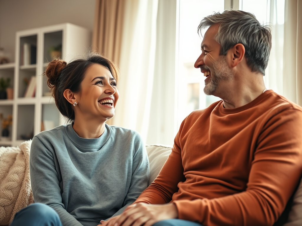 A joyful couple sitting on the couch, laughing and looking at each other with warmth in a softly lit living room.