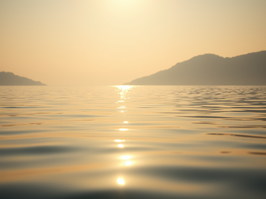 Peaceful sunrise over a calm lake with golden reflections on the water, surrounded by misty mountain silhouettes.