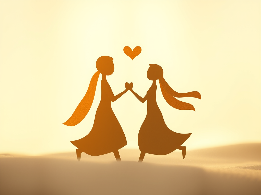 Illustration of two women holding hands with a heart above them, symbolizing love, friendship, and connection against a warm glowing background.