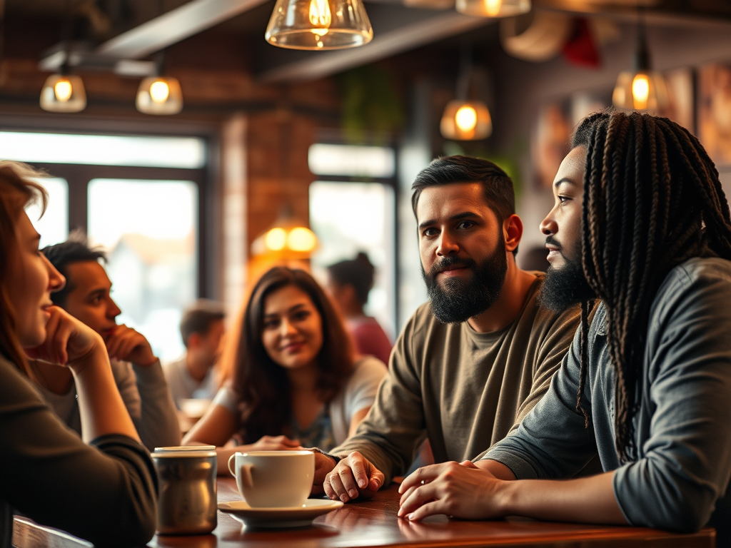 Diverse group of friends having a heartfelt conversation over coffee at a cozy café, showing connection and community.