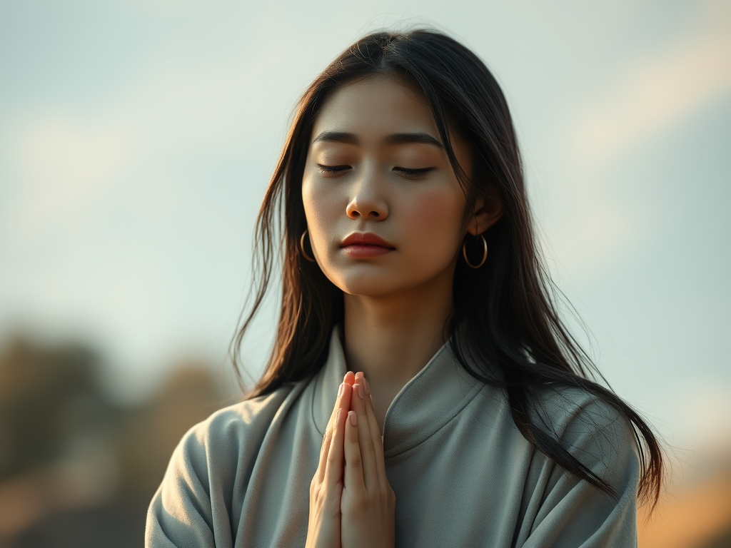 Woman praying with eyes closed and hands together, outdoors at sunset, expressing peace, faith, and reflection.