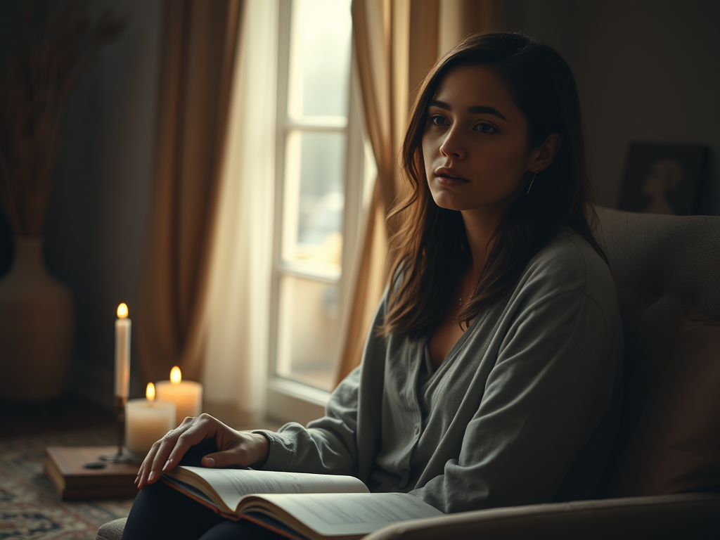 Woman seated on a couch in a dim, cozy room lit by a single candle; she looks contemplative and weary, reflecting a season of depression and discouragement while curtains and a framed picture form the muted background.