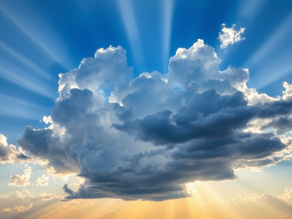 AI-generated image of a large cloud formation illuminated by sunlight, with radiant beams of light streaming through gaps in the clouds against a blue sky, symbolizing divine hope, peace, and God’s presence shining through darkness.