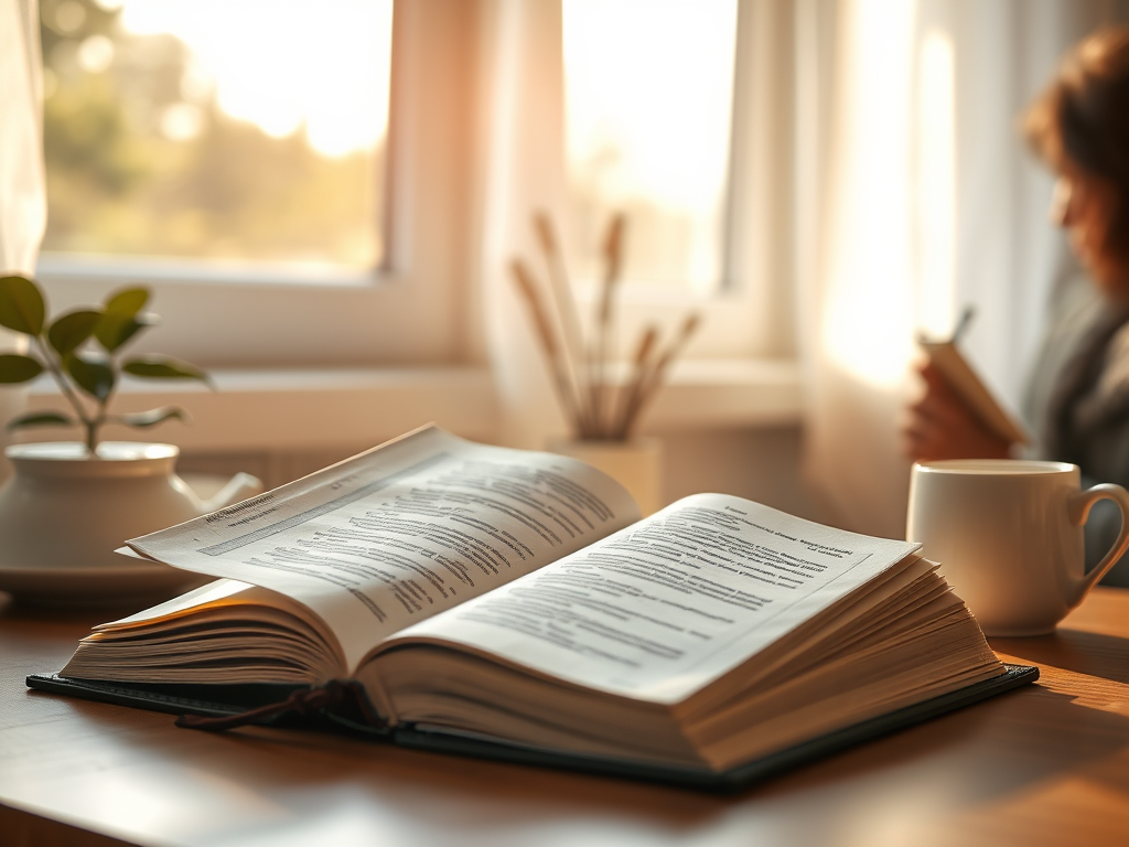 Cozy table by a window with an open book, a white mug, teapot with a small potted plant inside; sunlight through sheer curtains and a person seated in the background holding a pen and notebook, suggesting simple daily practices of one verse, a brief pause, and a short devotional or worship time.