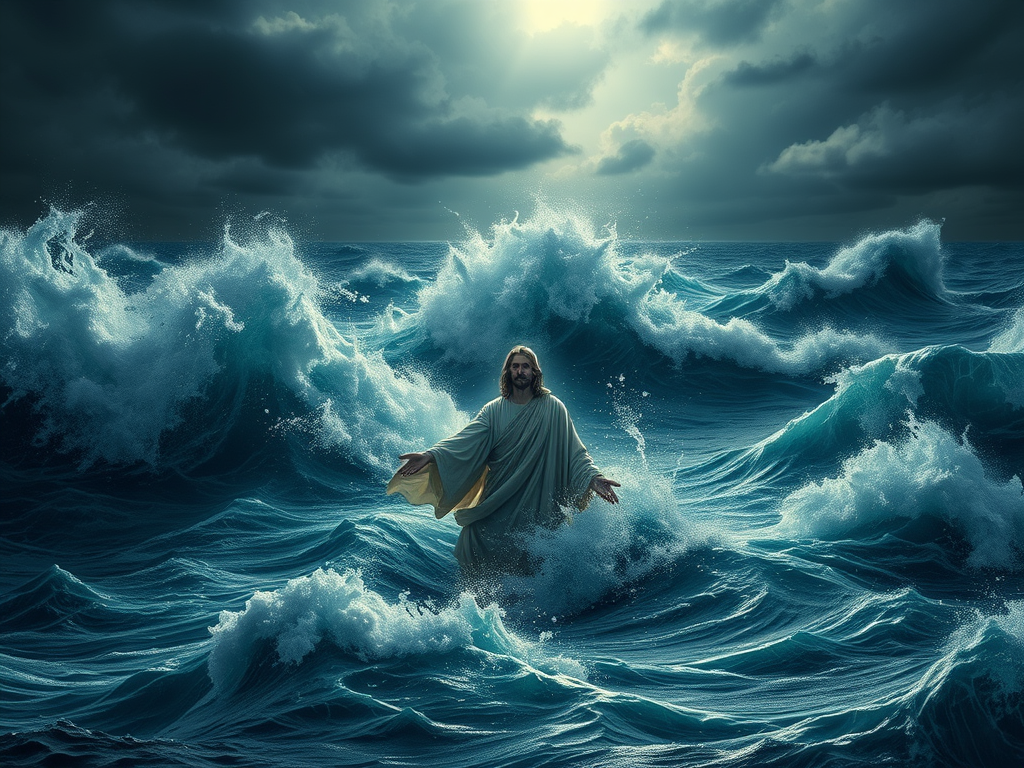 AI-generated image of Jesus in a robe walking on stormy ocean waves under dark clouds with rays of light breaking through, symbolizing divine peace and authority over chaos.