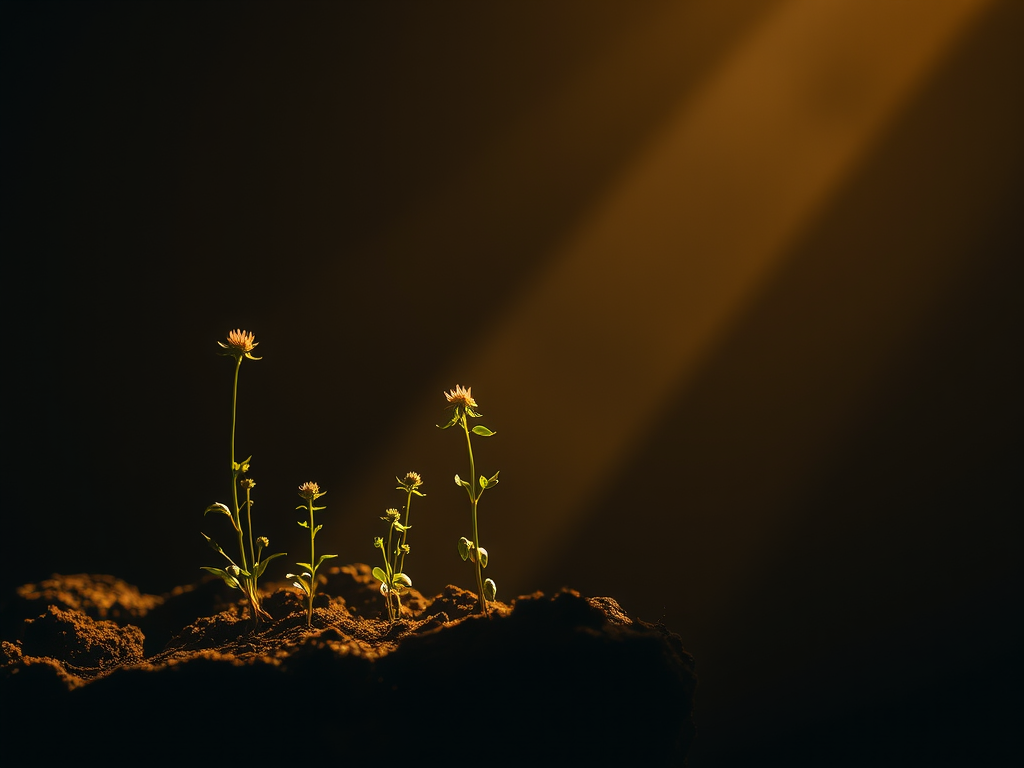 Young plants sprouting from soil, warmed by a beam of light against a dark background; the image symbolizes spiritual renewal, quiet growth in low seasons, and the power of small, faithful offerings such as a single verse, short prayer, or a tired evening song.