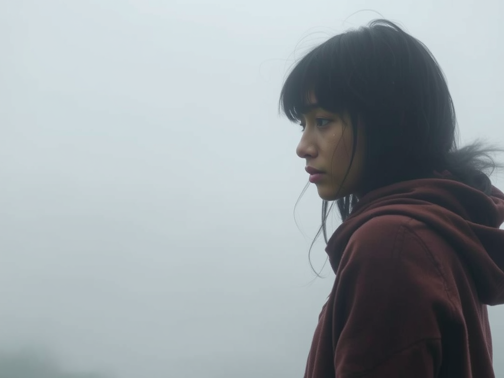 Person in a maroon hoodie shown in profile against dense fog; the muted landscape and their posture convey foggy days, dwindling energy, and a quiet, stubborn readiness to keep going.