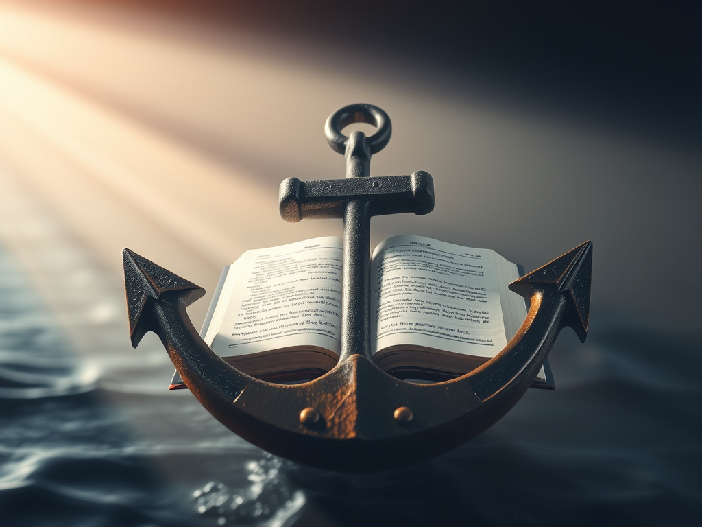 AI-generated image of a large metallic anchor resting on an open book placed on water, with sunlight streaming across the scene, symbolizing faith, stability, and the grounding power of God’s Word.