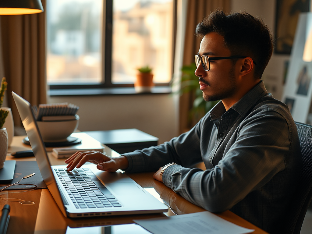 A man working on his laptop at a tidy desk, focused on replying to messages.