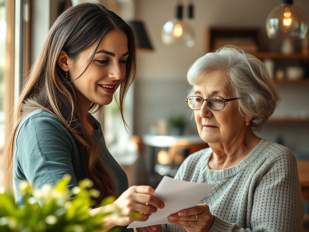 Two women sitting together in a warm indoor setting, smiling and looking at a piece of paper, suggesting a personal, relational moment.