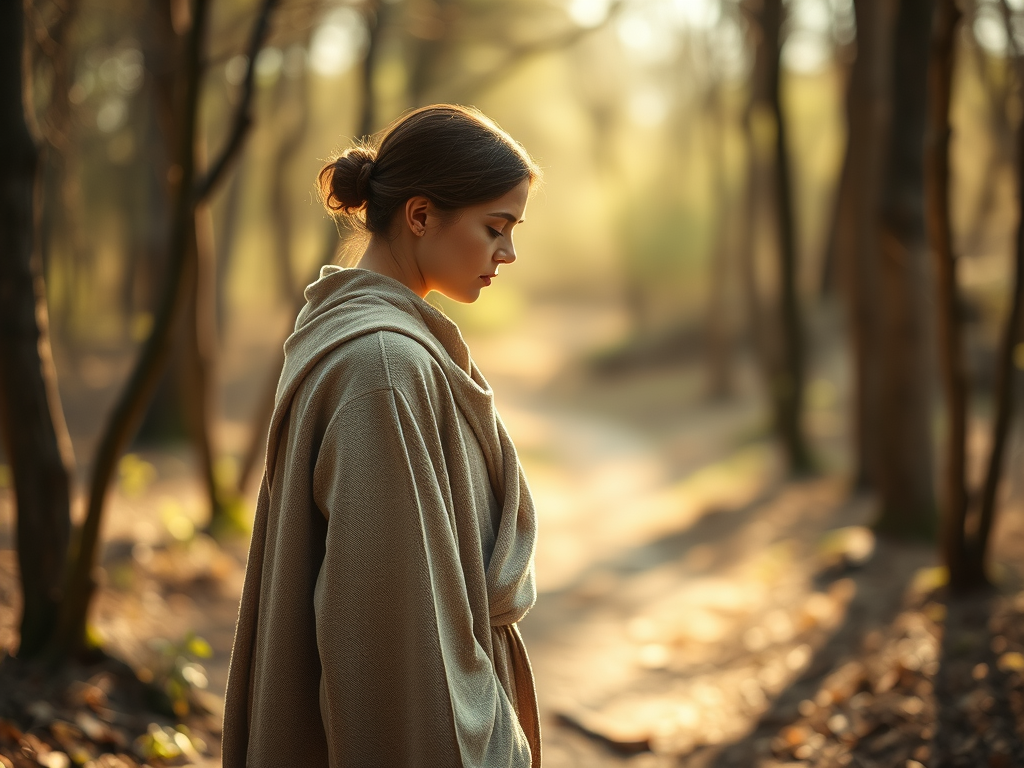 Person standing in a sunlit forest at golden hour, wearing a light cloak, looking contemplative.