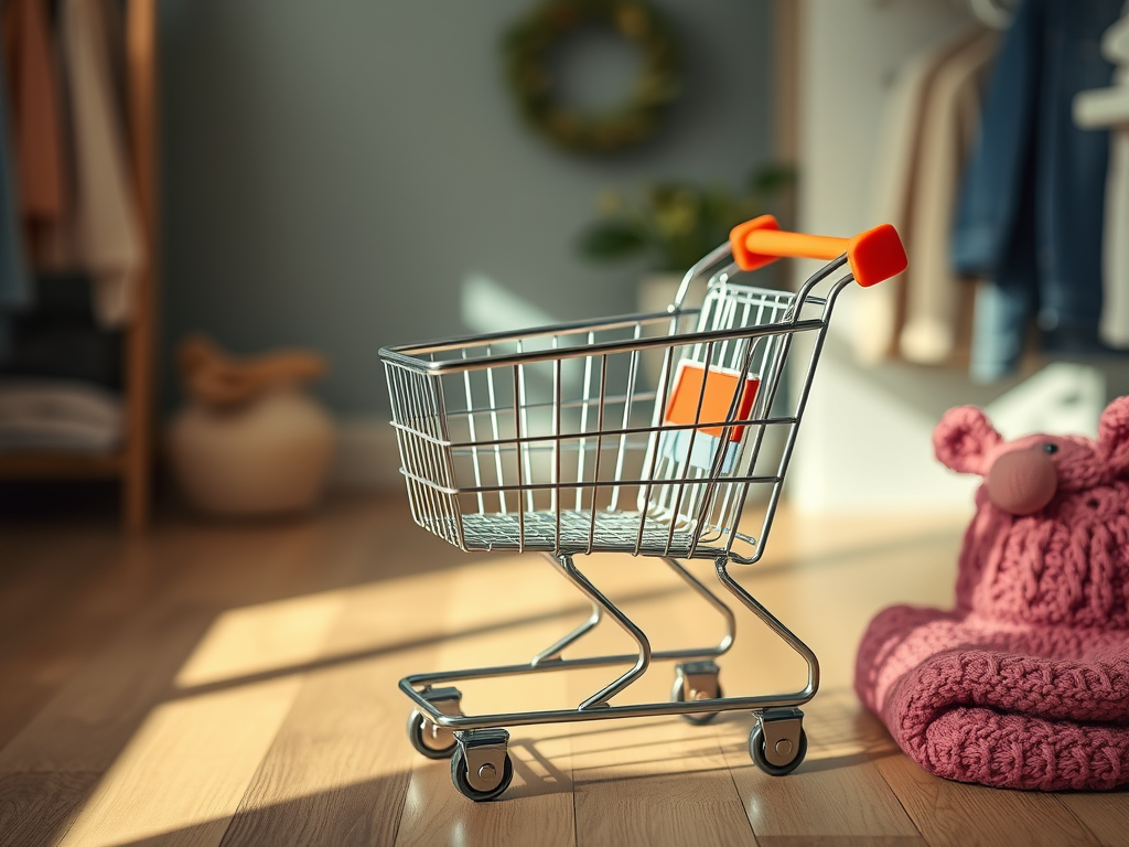 Miniature shopping cart with orange handles holding a small orange item in a cozy shop interior with textiles and a wreath in the background.