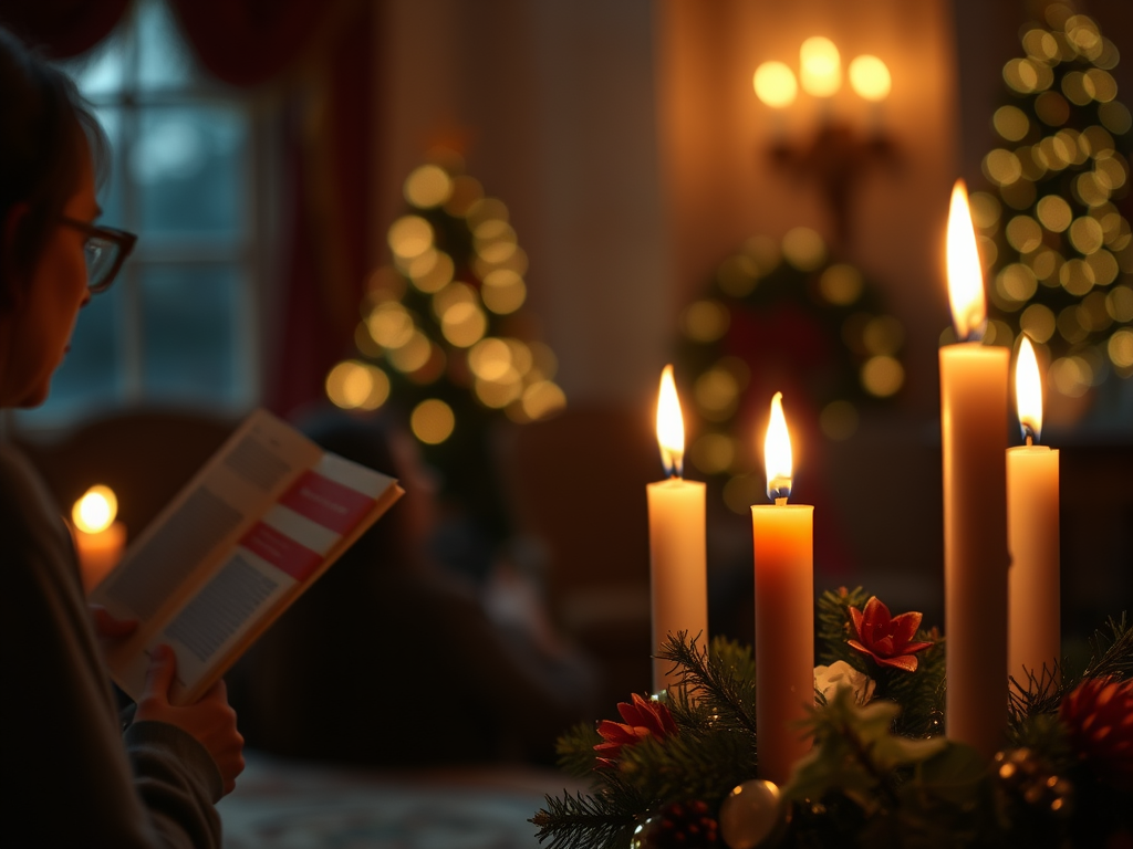 Person reading by candlelight in a cozy, warmly lit room with candles, Christmas decorations, and soft bokeh lights, evoking quiet Advent reflection.