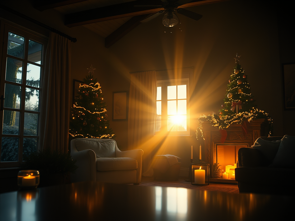 A cozy living room decorated for Christmas with two lit trees, a garlanded fireplace, candles, and sunlight streaming through a window, creating a warm, festive atmosphere.