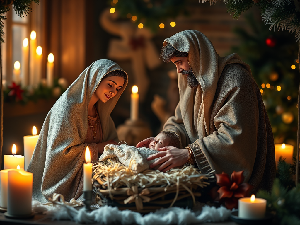 A candlelit nativity scene: Mary and Joseph kneel beside a wooden manger holding the newborn Jesus, surrounded by straw and calm animals, with evergreen decorations, a softly glowing Christmas tree, and a cross-shaped figure in the background.