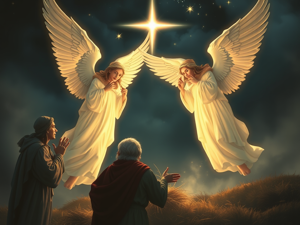 Two luminous angels with glowing wings appear in a starry night sky above three shepherds on a hillside, a bright guiding star shining overhead as the shepherds look up in awe.