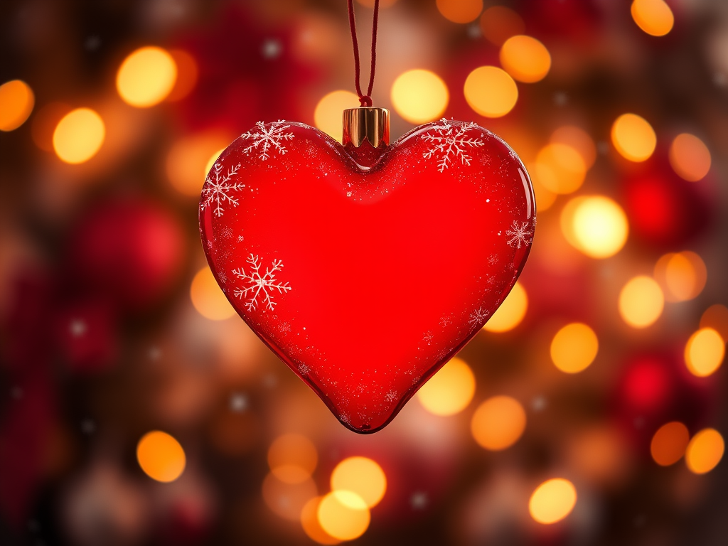 A passage quoting John 1:14 about the Incarnation beside a red heart-shaped Christmas ornament decorated with white snowflakes, hanging against a warm, out-of-focus background of golden bokeh lights.