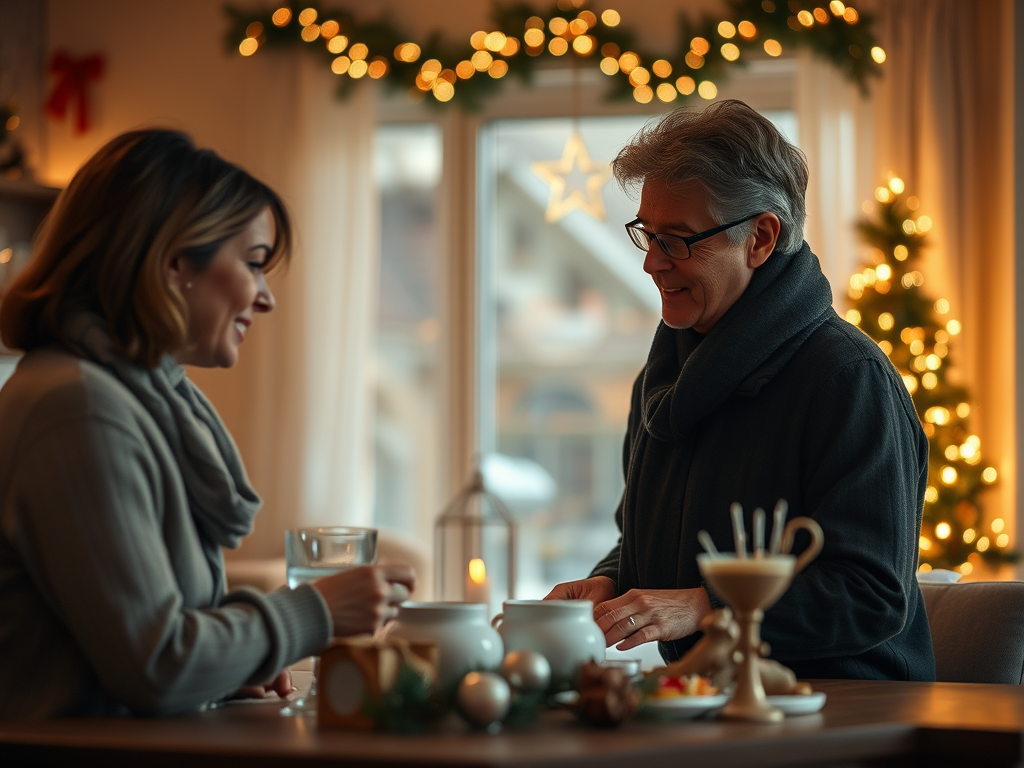 Two people sit at a table, talking over warm drinks amid holiday lights and a decorated Christmas tree; overlaid text outlines making intentional choices for the season—financial boundaries, fewer gatherings, naming grief, and one act of service.