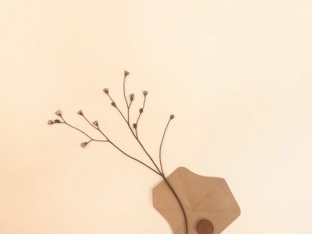 Minimal still life of a dried branch arrangement in a geometric matte vase set against a soft beige background, evoking quietness, fragility, and space for reflection.