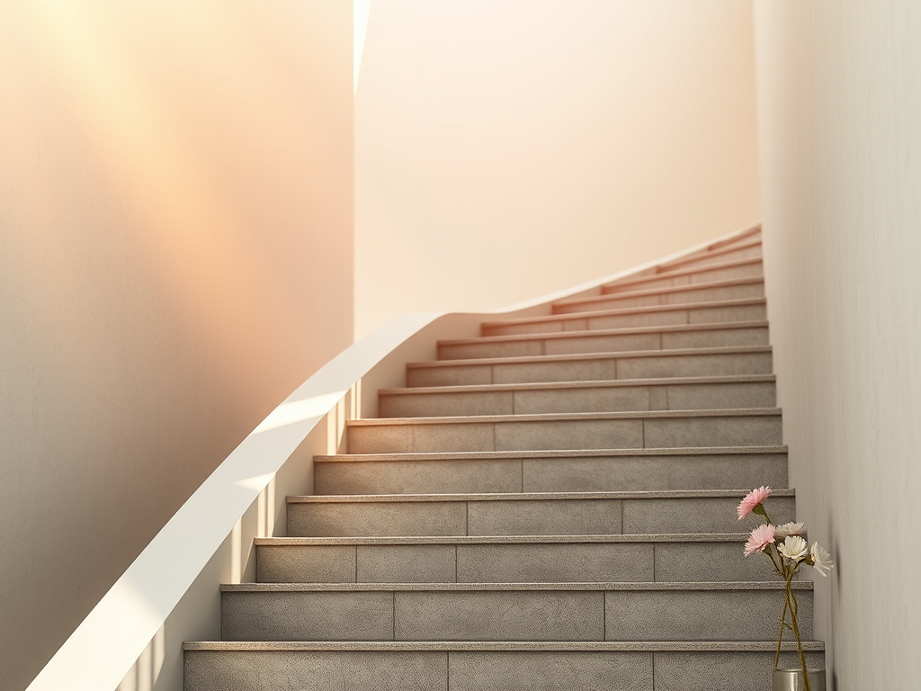 A gentle, curved light-gray staircase ascends in soft warm light along smooth walls, with a clear glass vase holding three delicate flowers at the base, evoking quiet movement and steady progress.