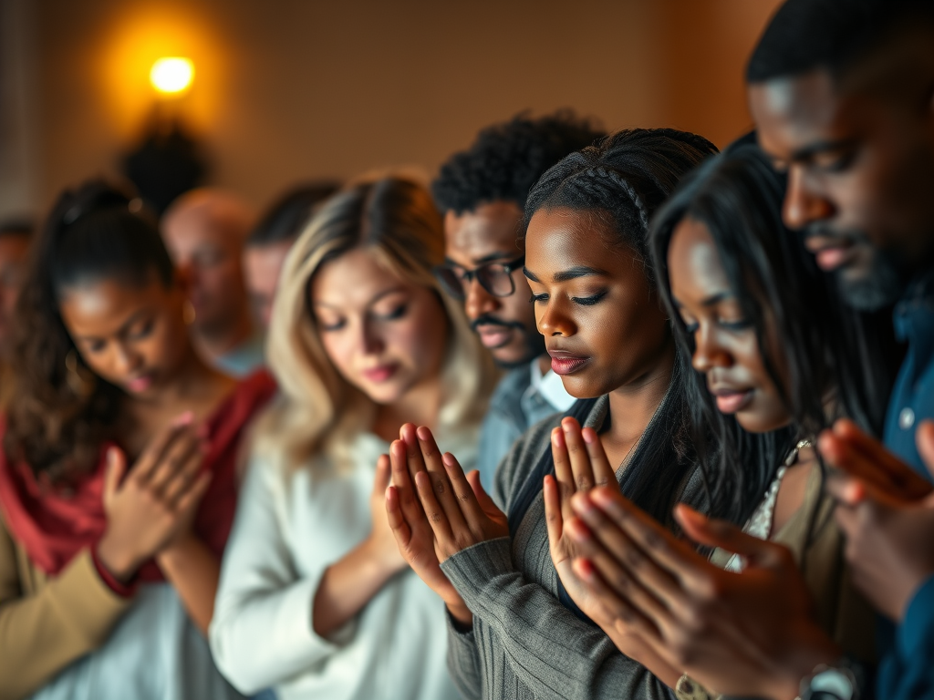 A small group of people standing close together indoors with heads bowed and hands folded in prayer, warm light bathing their faces and creating a quiet atmosphere of unity, reverence, and mutual support.