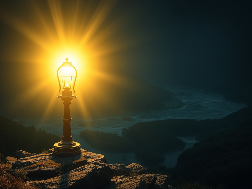 A lone lamp glows with warm golden light atop a rocky outcrop, its beams cutting through the dark valley and illuminating a winding river below, suggesting guidance and hope in the midst of shadow.