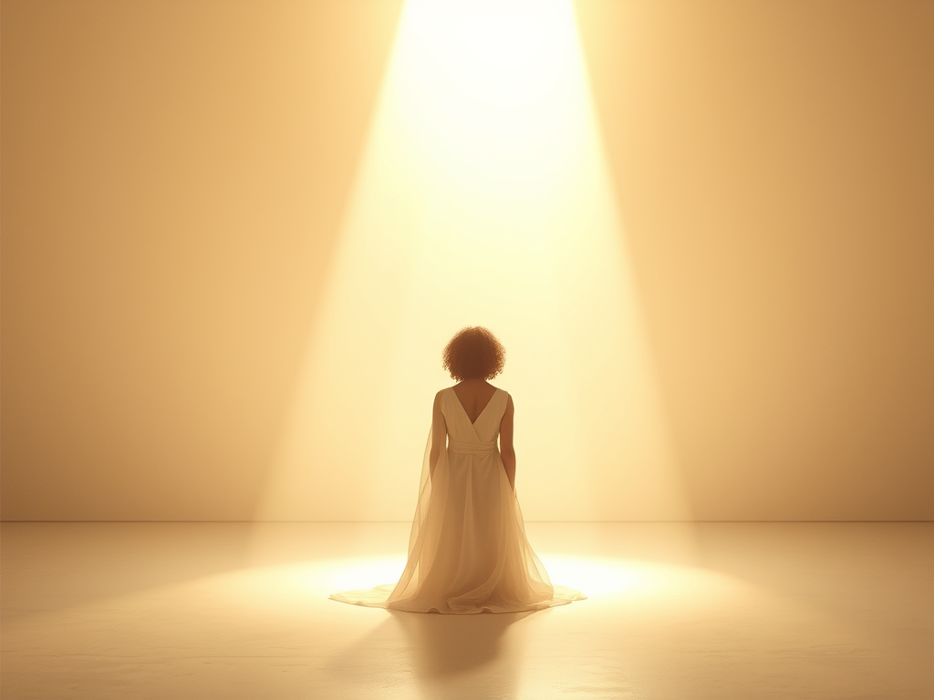 A woman in a flowing white dress stands with their back to the viewer beneath a warm spotlight, bathed in golden light that emphasizes solitude, reflection, and the quiet work of healing.