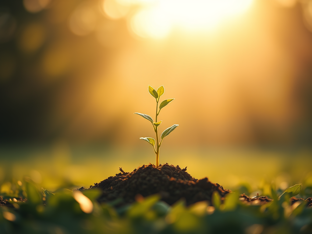 Close-up of a young green seedling pushing up from dark soil, bathed in warm golden sunlight with a soft, blurred background suggesting new growth and hope.