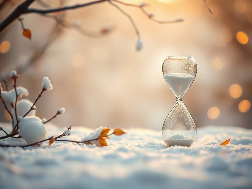 A glass hourglass sits on snow with white sand settled in the lower chamber; snow‑laden branches and a few orange leaves frame the foreground, while warm golden bokeh lights glow softly in the blurred background, evoking quiet passage of time and seasonal stillness.