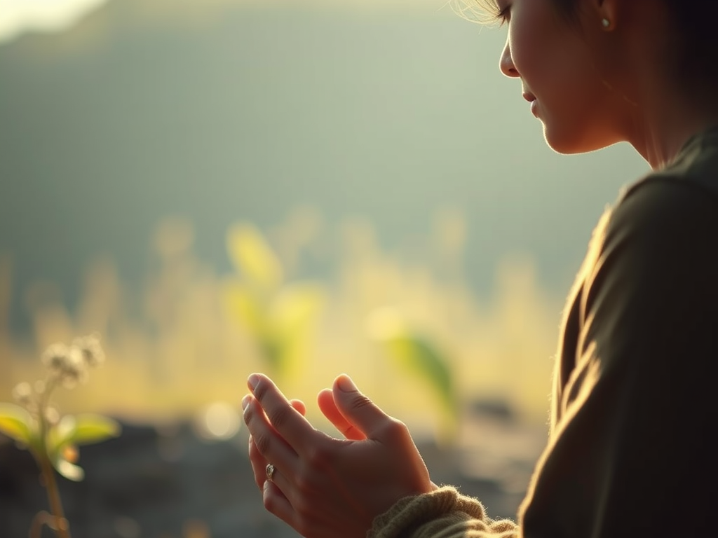 A person seated outdoors in profile, hands clasped in prayer, bathed in warm morning light with soft greenery in the blurred background, conveying quiet reflection and steady faith.