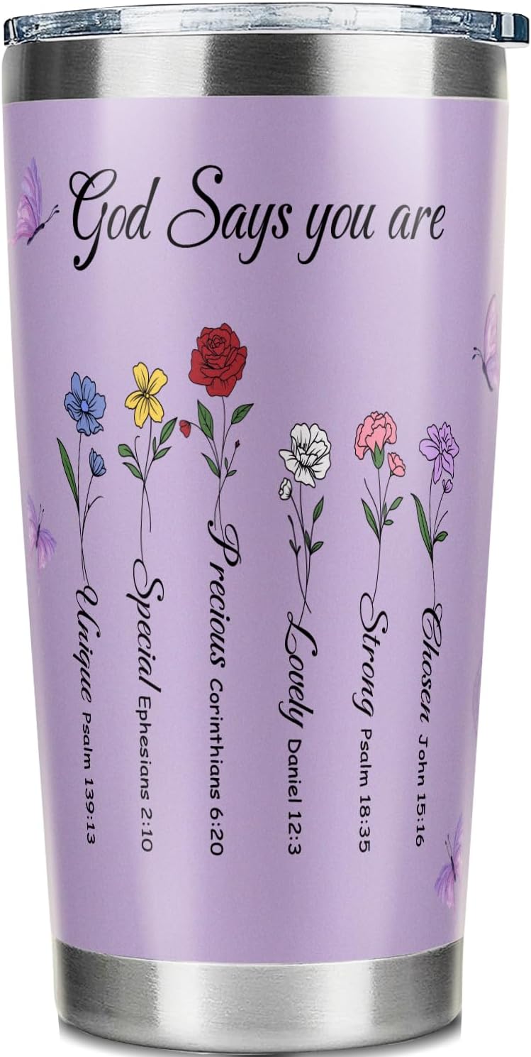 Fatbaby Christian 20oz stainless steel tumbler with inspirational Bible verse design.
