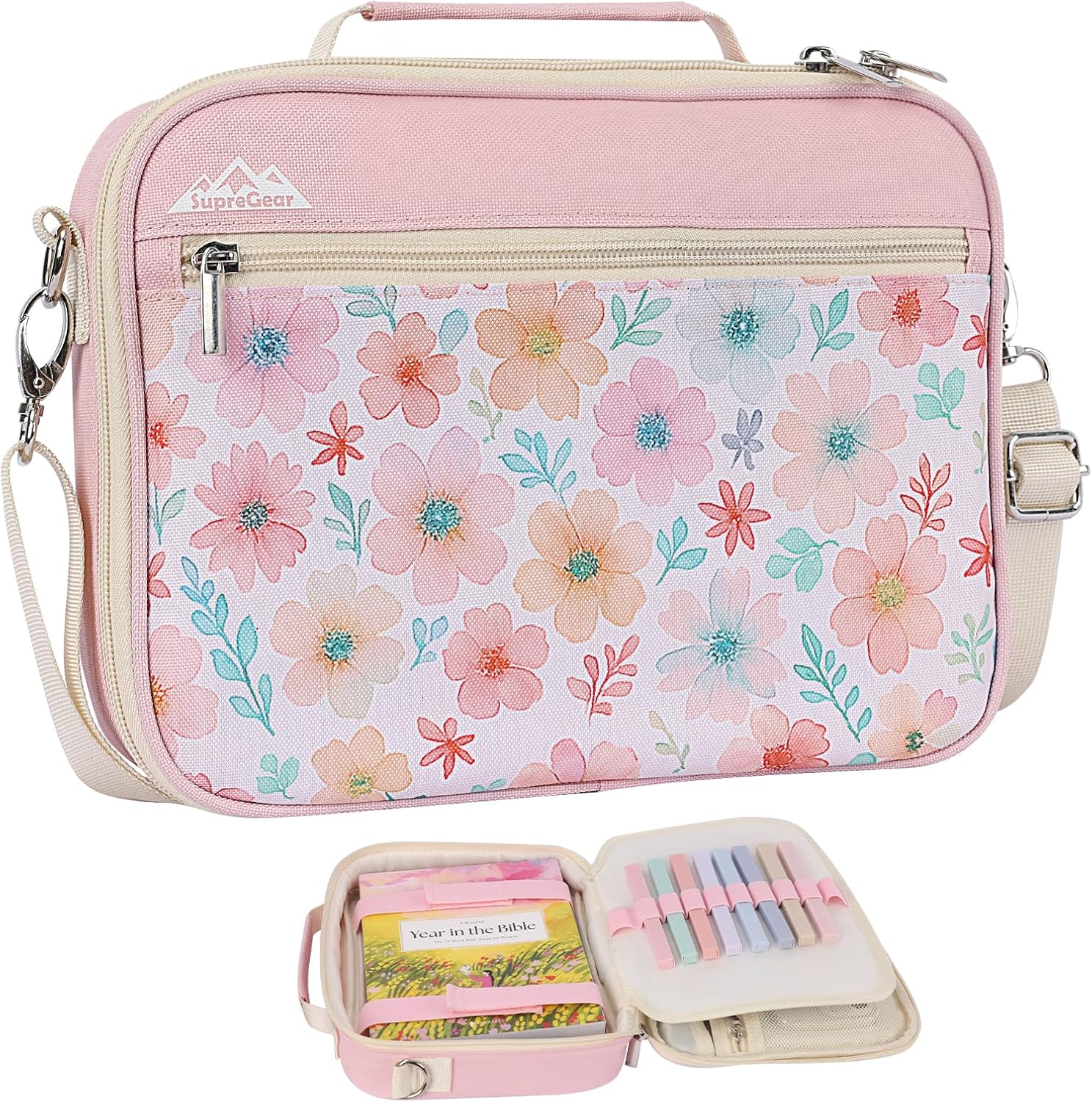 Supregear floral pink Bible cover and quilted canvas church bag with shoulder strap.