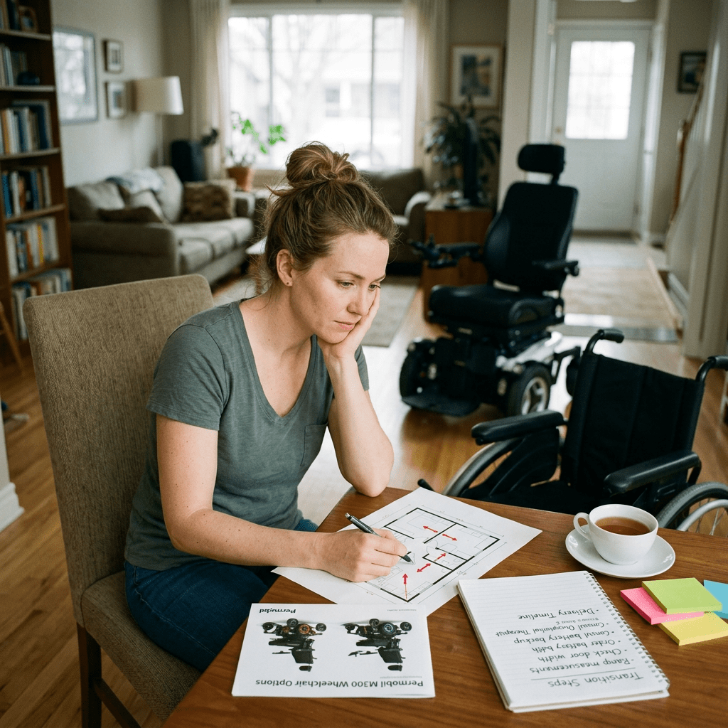 Woman thoughtfully planning transition to power wheelchair
