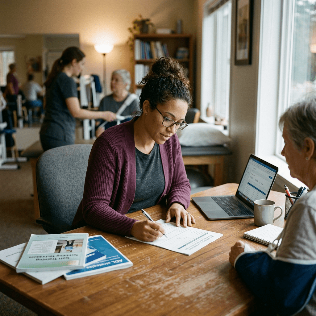 Woman reviewing OT and PT assessment at table