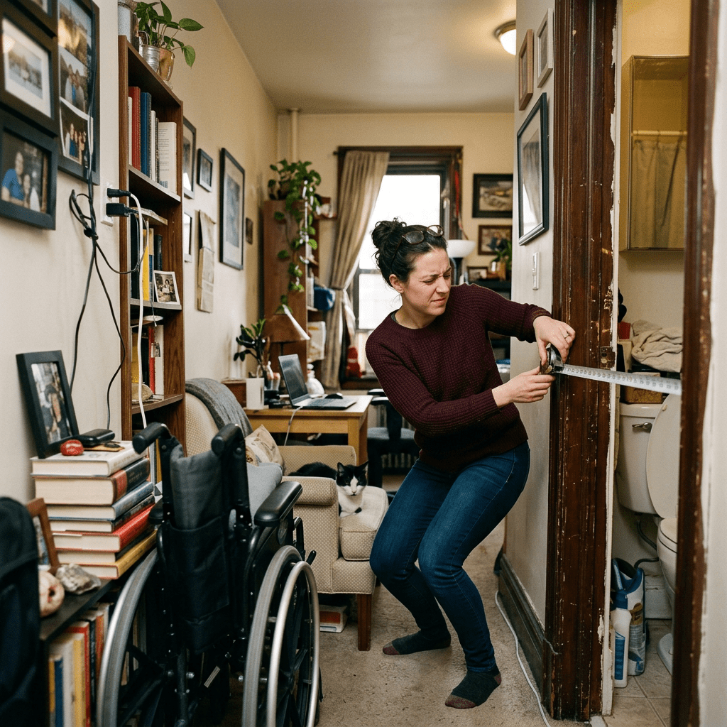 Woman in tight apartment measuring for wheelchair