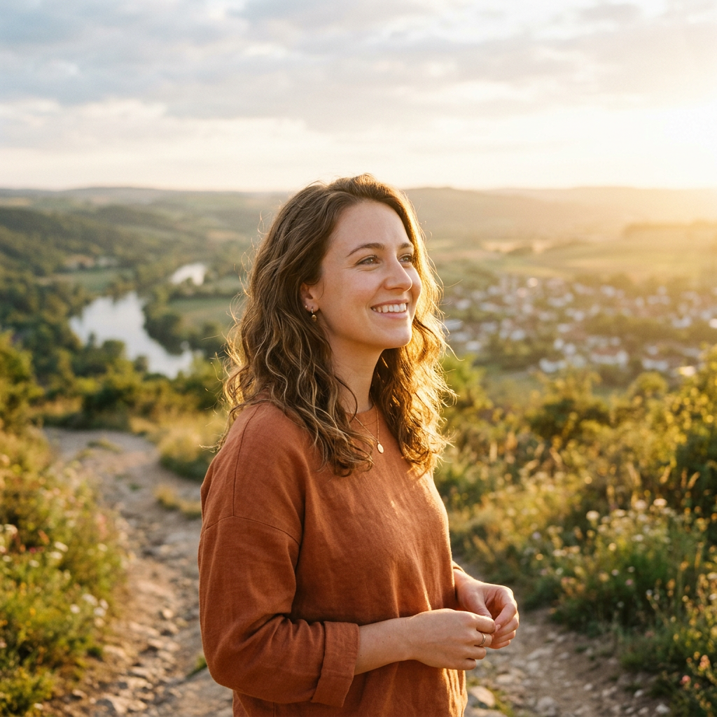 Hopeful woman looking forward in sunlight