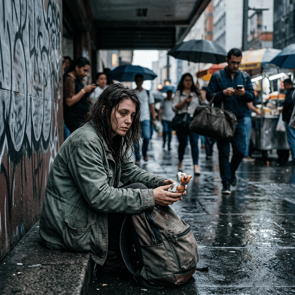 Person sitting on rainy sidewalk holding a stuffed toy