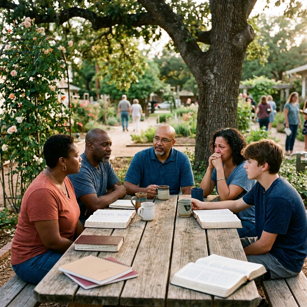 Group studying together outdoors beside sign reading “Christianity Offers Something Karma Never Can: Grace”