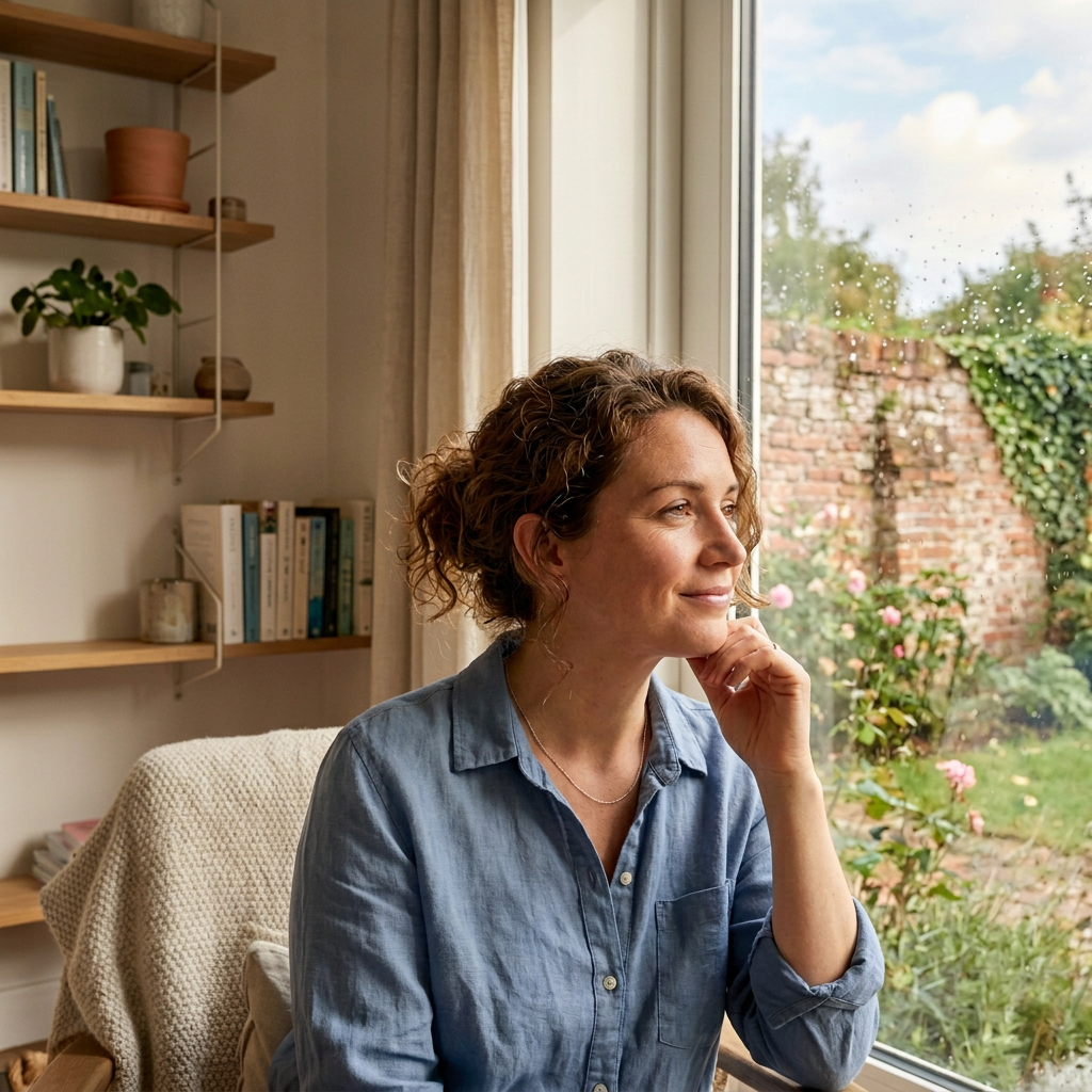 Woman sitting by a window in a peaceful room, looking outside with a calm, reflective expression.