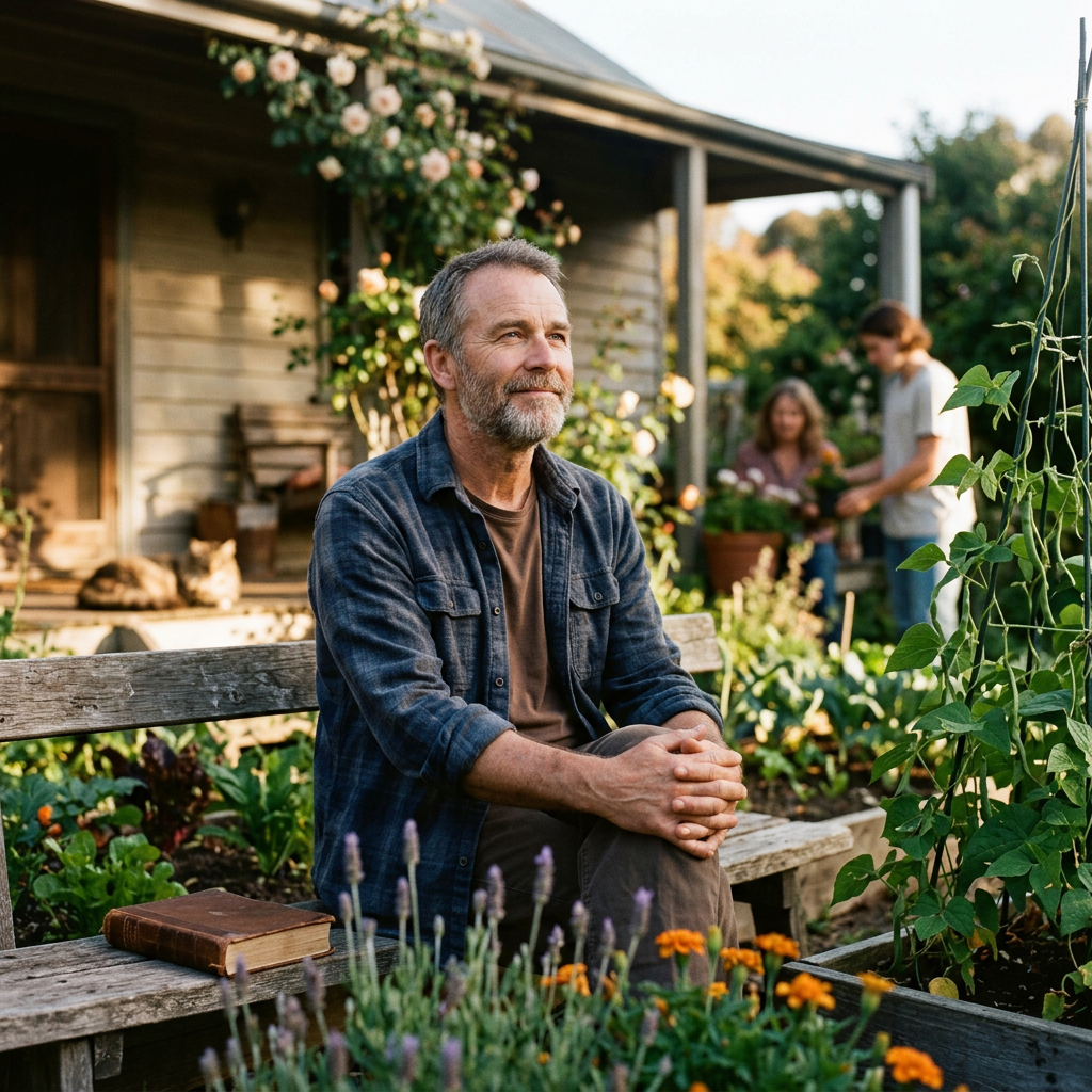 Family spending time together in a peaceful garden, symbolizing restoration and grace.