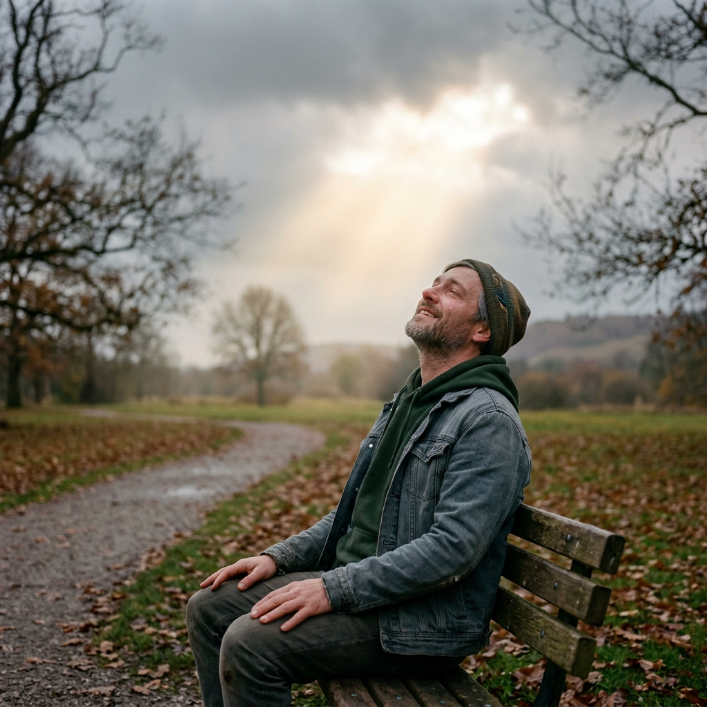 Person sitting on a bench as sunlight breaks through the clouds, symbolizing grace offering freedom and hope.